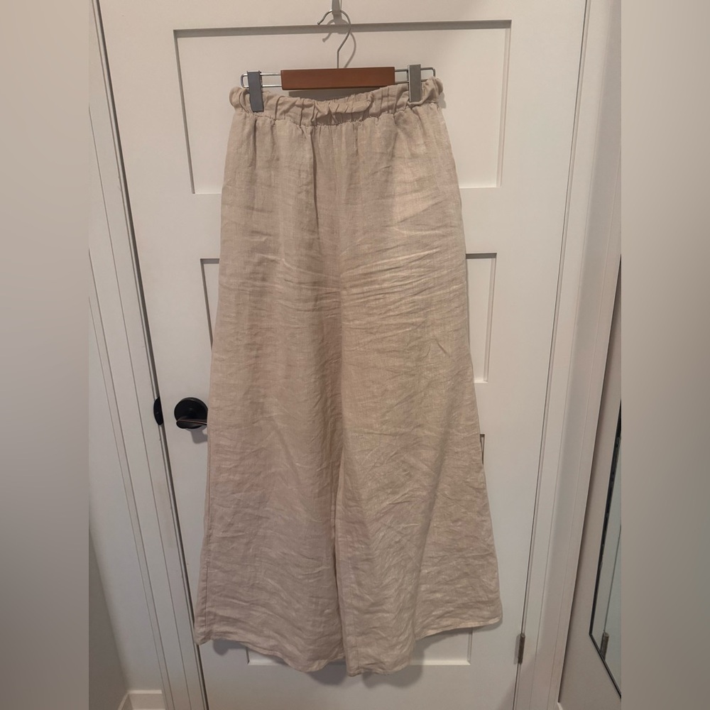 Beige Wide-Leg Linen Pants